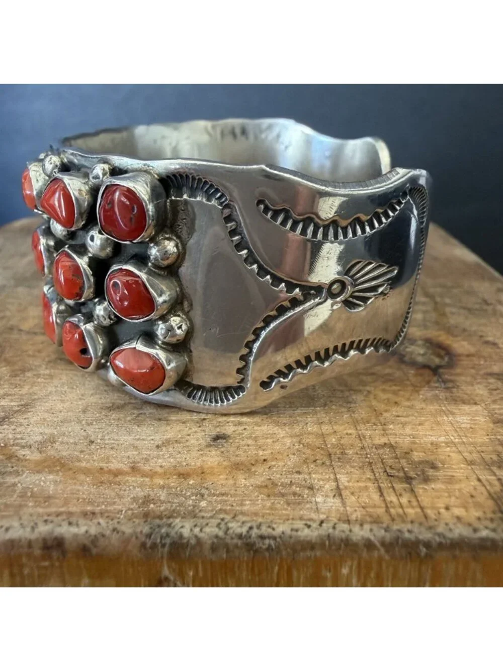 Vintage Navajo Sterling Silver & Coral Cabochon Cluster Cuff Bracelet Signed DM